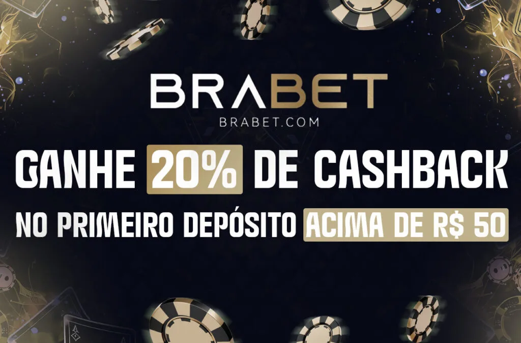 Peça publicitária dourada de uma casa de apostas anunciando cashback no primeiro depósito.